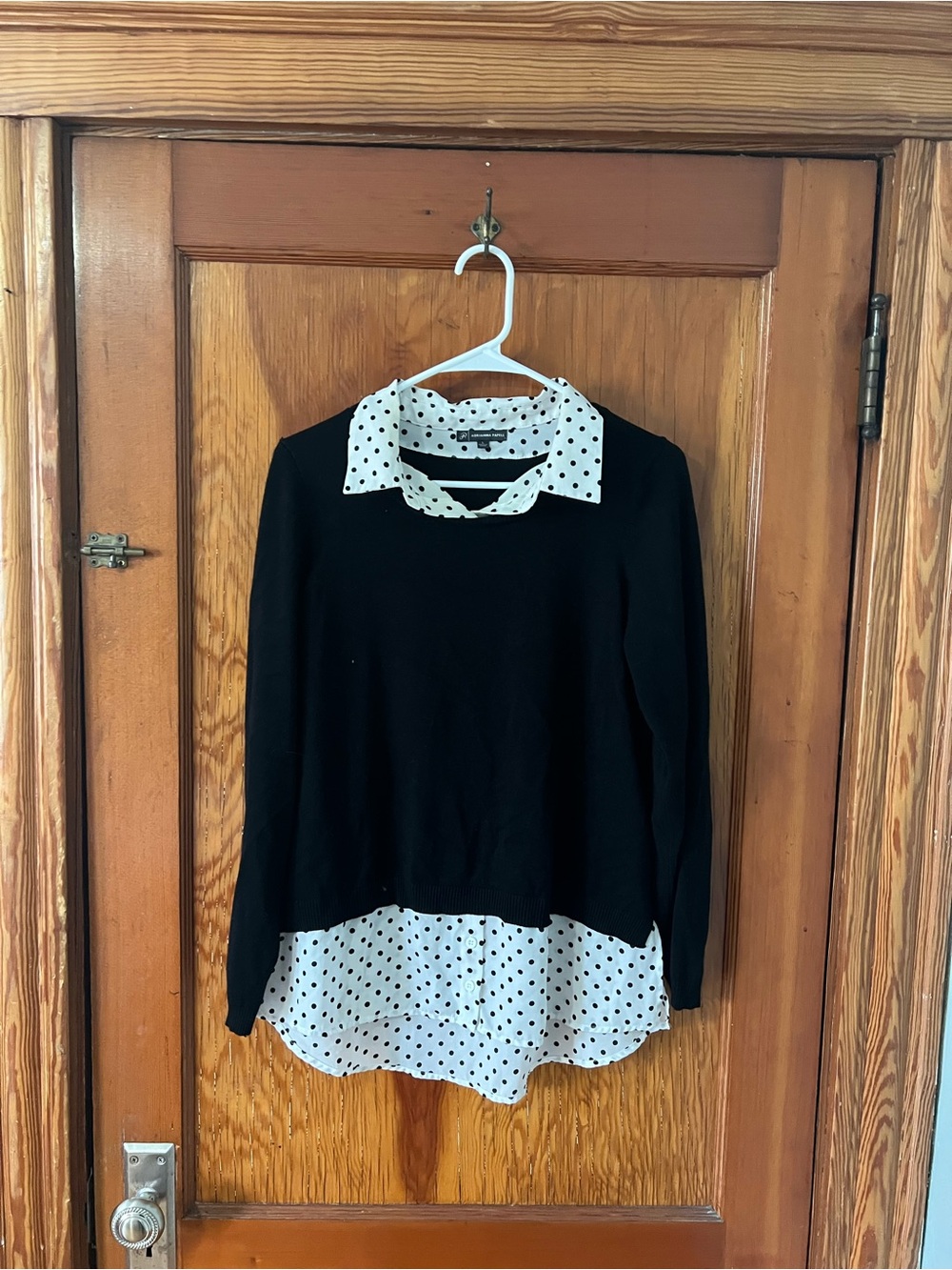 Adrianna Papell Black Sweater with White Polka Dot Shirt Detail